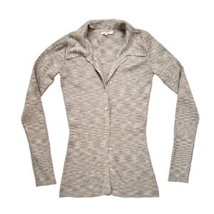 NIA Willow Ribbed Knit Cardigan Women Tan Blonde Polo Collar Button Front M